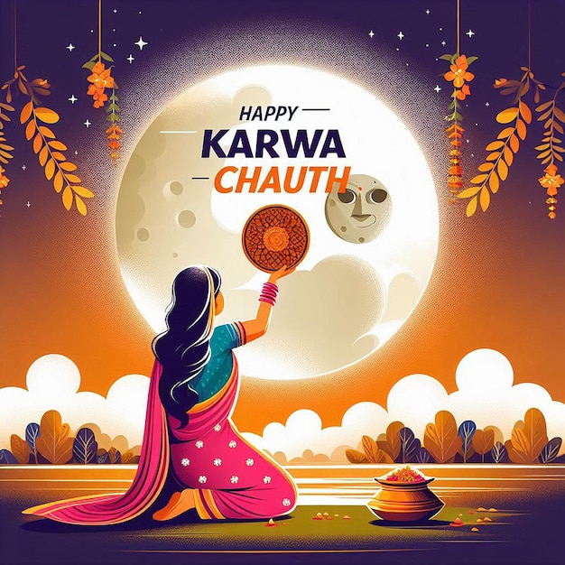 Happy karwa chauth festival with indian copule celebration design