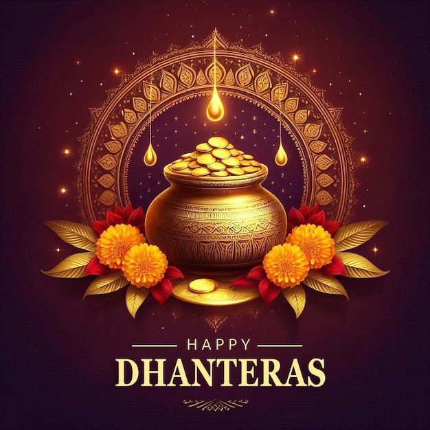 a poster of golden coins pot the occasion of Shubh Dhanteras celebration concept
